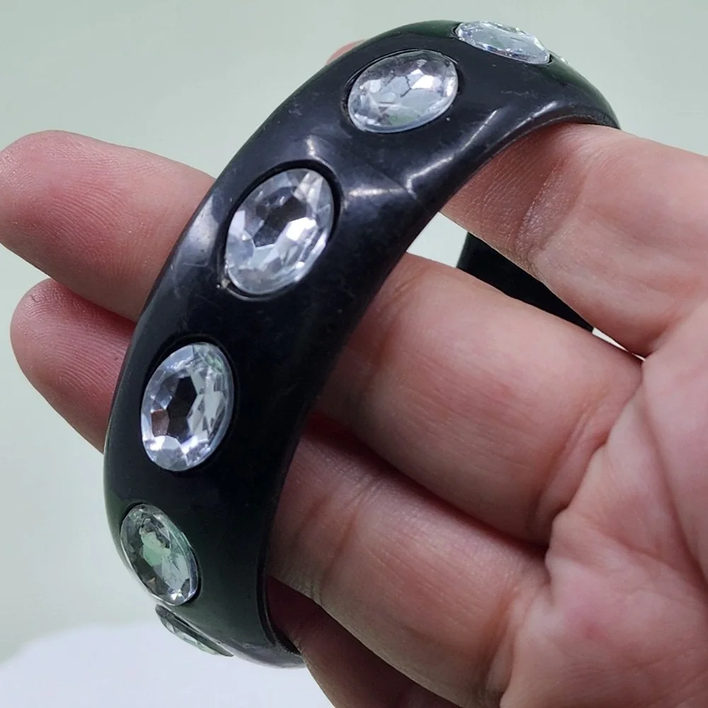 Black Plastic Bangle Bracelet Clear Oval Rhinestones Chunky Statement Y2K Retro